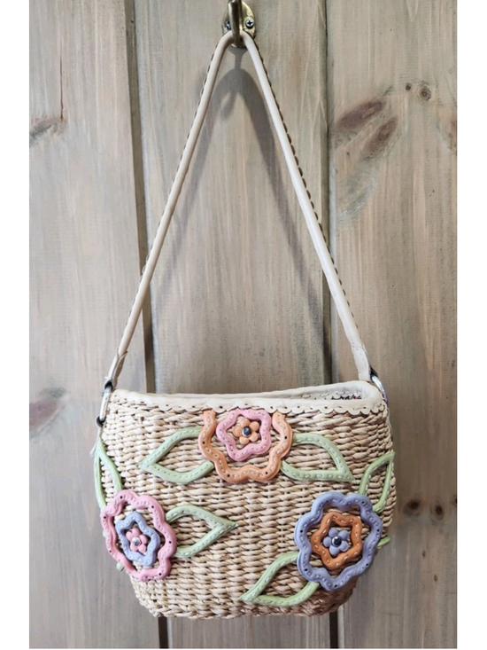 Brighton Handbags - Y2K Brighton Woven Straw & Leather Flowers Boho Bucket Bag, EUC
